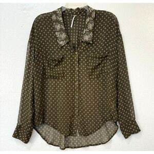 Free People Easy Rider Sheer Olive Green Print Button Front Blouse Size Small